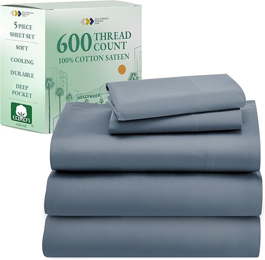 California Design Den Split King Sheet Set - 100% Cotton, 600 Thread Count, Breathable Luxury King Size Sheets for Adjustable Bed, Luxury Soft Hotel-Quality Sheets with Sateen Weave - Pastel Blue