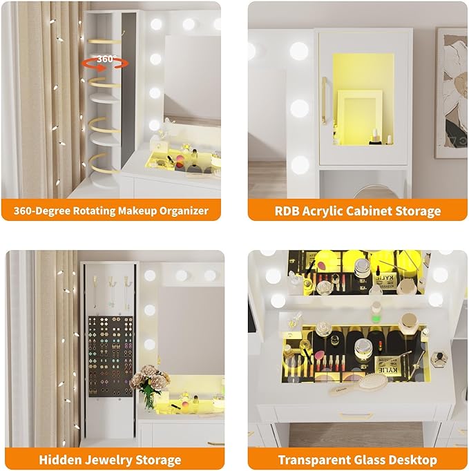 Makeup Vanity Desk with Mirror and Lights,Glass Top Dresser with Charging Station,Vanity Table with 7 Drawers and 10X Makeup Mirror,Rotating Open Storage Cabinet (White-10X Mirror, Large)