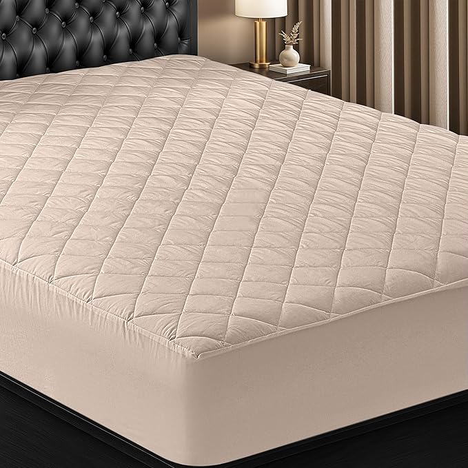 Utopia Bedding Quilted Fitted Mattress Pad, Queen Size, Elastic Fitted Mattress Topper Protector and Cover Stretches up to 16 Inches Deep, Machine Washable (Beige)