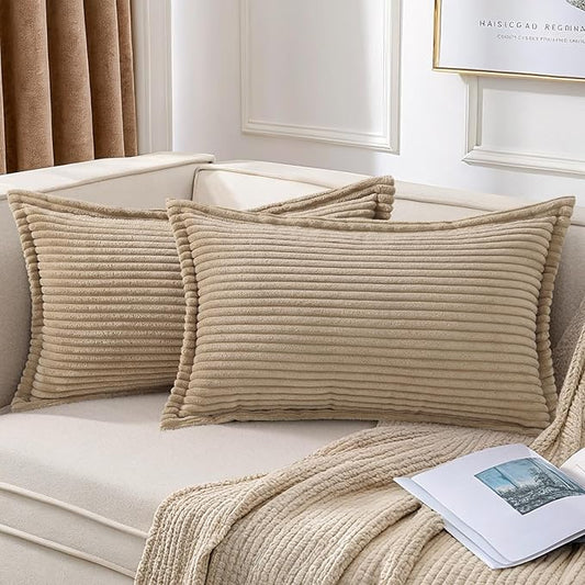 Mecatny Corduroy Throw Pillow Covers 12x20 Set of 2, Neutral Decorative Soft Boho Lumbar Couch Pillow Covers with Broadside for Sofa Living Room, Khaki