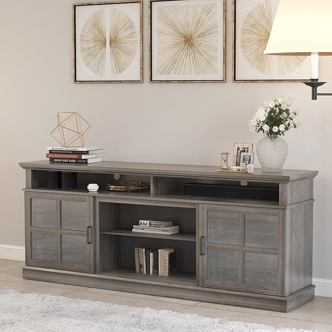 Fireplace TV Stand with Wood Glass Storage Cabinets, Farmhouse Entertainment Center for TVs up to 80", Mid Century Modern Media TV Console Table for Living Room Bedroom(Gray)
