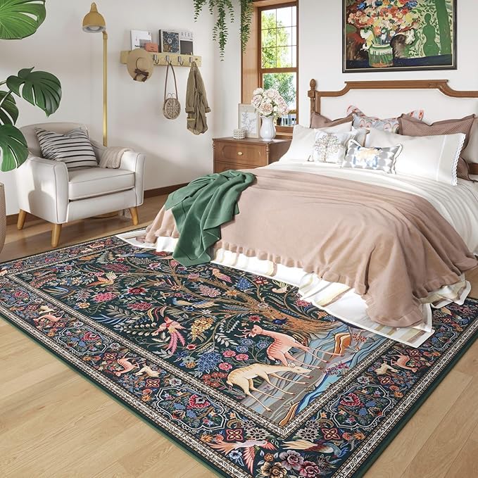 8x10 Area Rugs Vibrant Tree of Life-Patterned Vintage Washable Area Rug Non Slip Low Pile Large Rug for Bedroom Farmhouse Dining Room Kids Playroom, Green