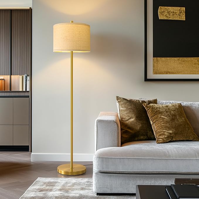 Oneach 61” Modern Floor Lamp for Living Room, Gold Standing Lamp with Natural Linen Lampshade, Rustic Industrial Corner Floor Lamp with Rotary Switch for Bedroom, Study Room, Dining Room