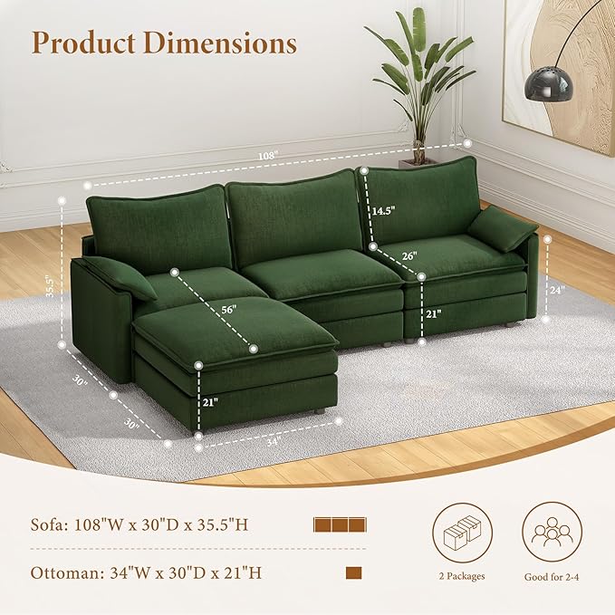 Vesgantti 108" Modular Sectional Sofa, Comfy Cloud Couch with Movable Ottoman Deep Seat Chenille L Shaped Modular Sofa, Sectional Couches for Living Room, Bedroom and Apartment, Green