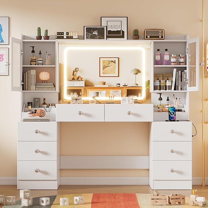 PAKASEPT 55.1" Large Vanity Desk with Mirror and Lights, Makeup Vanity with Power Outlet and 8 Drawers, 3 Lighting Modes Adjustable Vanity Table for Girl Women(White)