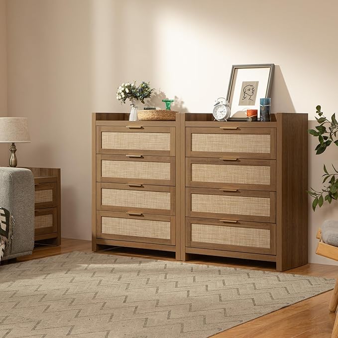 SICOTAS Dresser for Bedroom Chest of Drawers 38" Tall Dresser for Closet with 4 Rattan Drawers Boho Nightstands Set of 3 Large Clothes Storage Cabinet TV Stand for Living Room Hallway Nursery Entryway