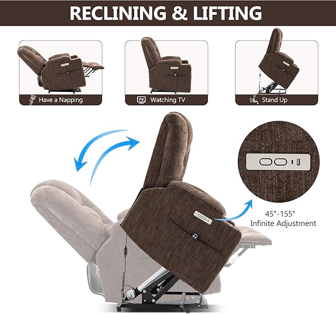 Power Lift Chair with Massage & Heat, Electric Recliner Chairs for Adults, Remote Control, Living Room Sofa, Standing Assistance, USB Ports, Stainless Steel Cup Holders, Chenill, Brown