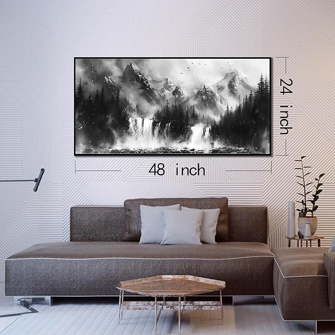 Foggy Forest Art Wall Decor for Living Room - Office Artwork Wall Decor - Black and White Framed Wall Art for Bedroom Size 24" x 48"