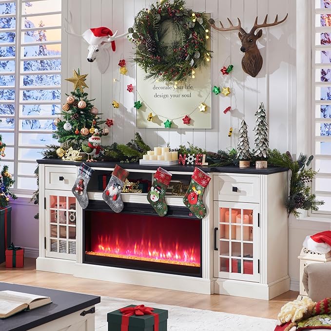 Farmhouse Fireplace TV Stand for 80 Inch TV, Entertainment Center w/ 36'' Electric Fireplace & LED Lights, Mordern Media Console with Storage Drawers & Cabinets for Living Room, White