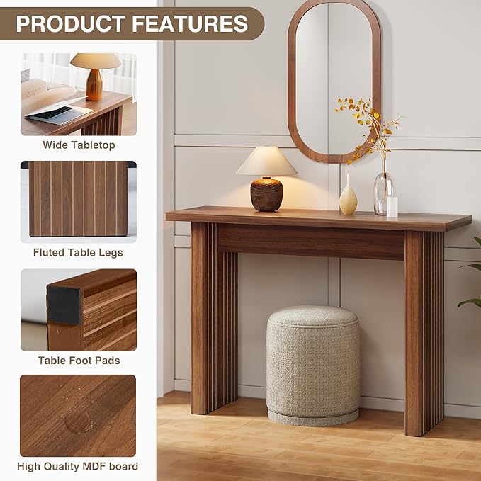 Fluted Entryway Console Table, Wooden Rectangular Sofa Table for Entrance, Narrow Wood Entryway Small Long Entry Table for Hallway, Living Room (Walnut)