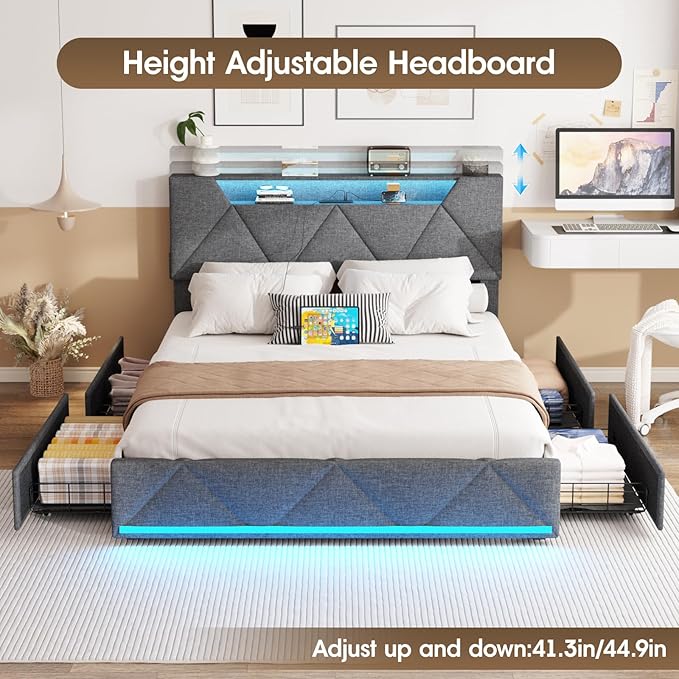 Vabches Queen Bed Frame with Storage Headboard and 4 Drawers,Upholstered Platform with Charging Station and Led Lights,Adjustable Headboard,No Box Spring Needed,Dark Grey