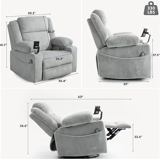 Dual Motor Power Oversized Swivel Rocker Recliner Chair with Adjustable Headrest for Adults, Glider Rocking Chairs with Vibration and Heat, USB Type C, Armrest Storage, Cup Holder, Light Gray