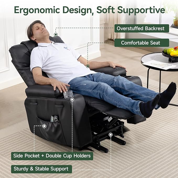 Power Lift Recliner Chair for Elderly with Heat & Massage, 160° Electric Adjustable PU Leather Recliner with Remote Control, Stand Assist, Cup Holders & Side Pockets for Living Room (Black)