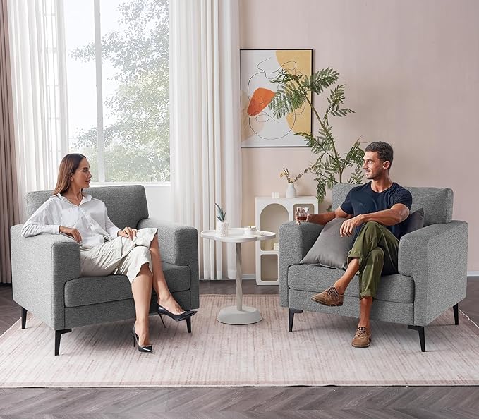 CDCASA Accent Chair, Linen Fabric Oversized Mid Century Modern Chair Set of 2, Comfy Upholstered Armchair Reading Accent Chairs Sofa Chairs for Bedroom Living Room, Dark Grey