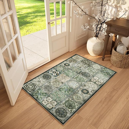 Washable Entryway Rug 3'x5 Non-Slip Backing Vintage Indoor Rug Low Pile Lighrweight Carpet for High-Traffic Indoor Entrance & Kitchen
