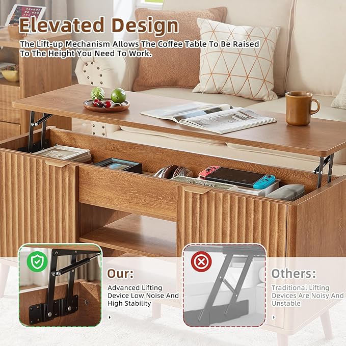 LEYAOYAO 48" Fluted Lift Top Coffee Table with Hidden Storage & Adjustable Shelves, Lifting Tabletop Large Rectangular Coffee Tables, Mid Century Modern Wood Center Table for Living Room, Brown