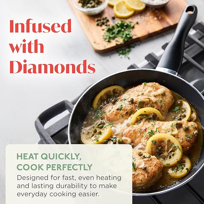 Deco 9.5” Nonstick Frying Pan Skillet, Made in Italy, Diamond Ceramic PFAS-Free, Dishwasher & Metal Utensil Safe, Durable Gloss Enamel Finish, Stay-Cool Handle, High Walls-Extra Room, Taupe