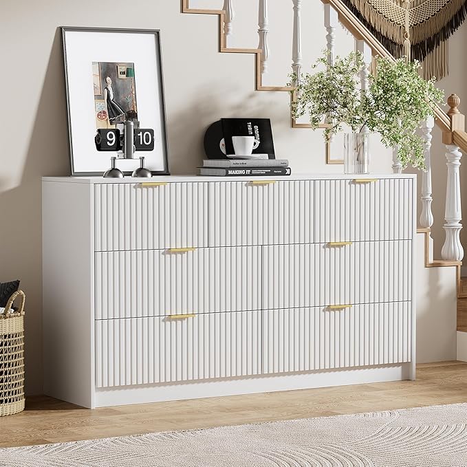 White Dresser for Bedroom, Modern Dresser with 7 Drawers and Smooth Slides, Wide Chest of Drawers with Golden Handles for Bedroom, Living Room, Closet, 15.7" D x 55.1" W x 31.4" H