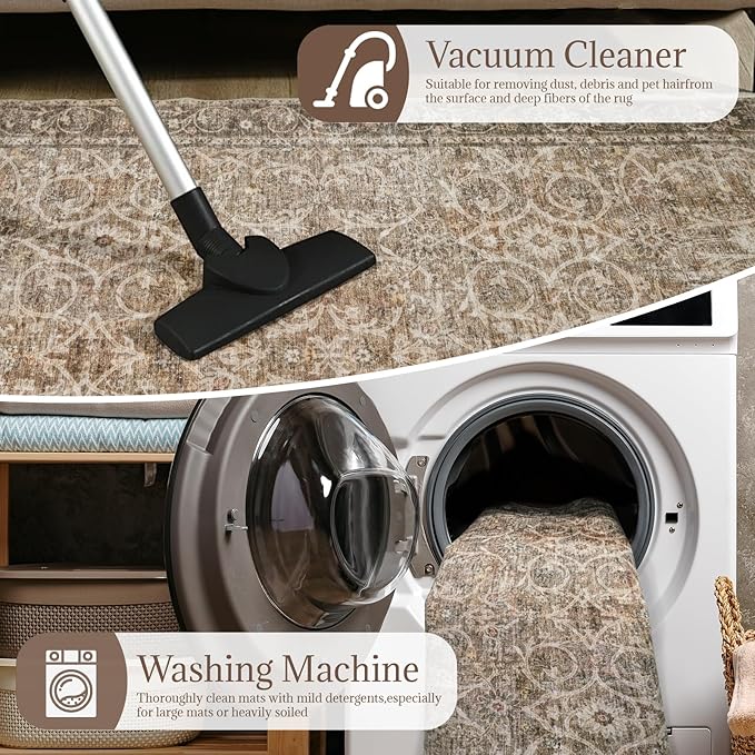 Washable Area Rugs 5'x7' Non-Slip Vintage Boho Distressed Fade Resistant Low Pile Carpet for High-Traffic Living Room, Bedroom & Dining Room