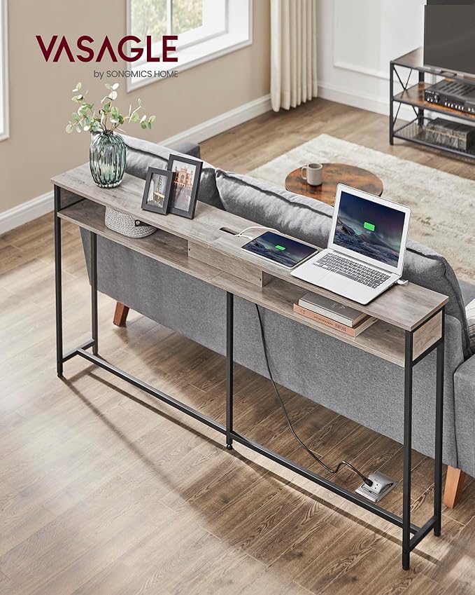 VASAGLE 55.1-Inch Console Table with Outlet and Shelves, Sofa Table with Charging Station, Behind Couch Table Skinny, Entryway Table for Hallway, Living Room, Heather Greige and Ink Black ULNT120K02