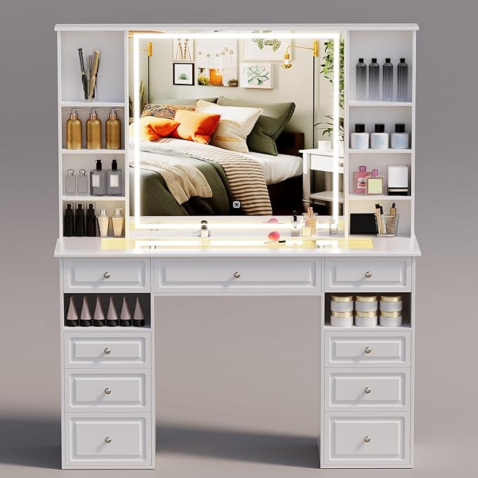 Vanity Desk with Mirror and Lights, Glass Top Dressing Table with 9 Drawers,European Style Vanity Table, Crystal Ball Knobs, White Makeup Desk (White-Glass Top)