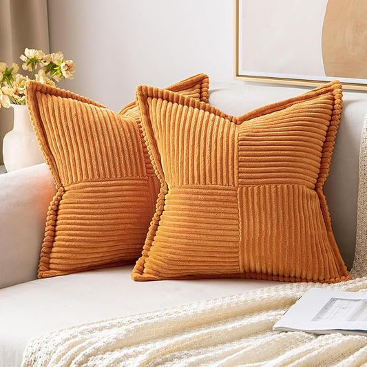 MIULEE Burnt Orange Fall Decorative Throw Pillow Covers for Couch Bed Livingroom 18x18 Inch Set of 2 Boho Accent Throw Pllows Broadside Striped Patchwork Soft Corduroy Pillowcases