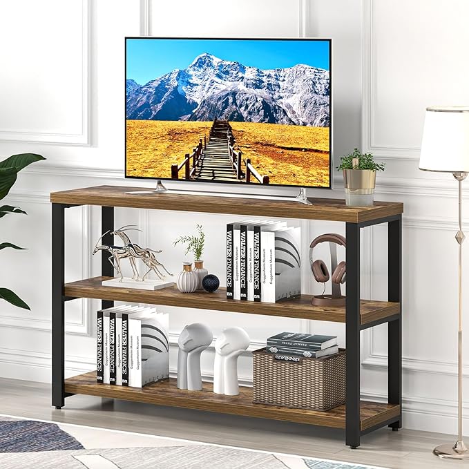 EXCEFUR Industrial Sofa Console Table, Entryway Table with 3 Tier Wood Storage Shelves, Foyer Table for Living Room Hallway Behind Couch, Rustic Brown