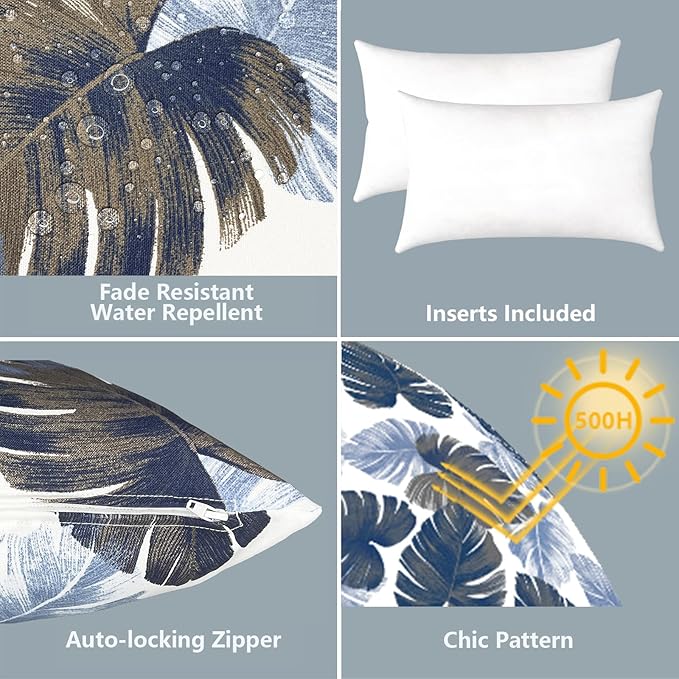 LVTXIII Set of 2 Patio Lumbar Pillows, 12”x20” Fade Resistant Outdoor Lumbar Pillow with Inners, Fluffy Decorative Garden Lumbar Cushions for Home Patio Coach Sofa Use, Monstera Blue