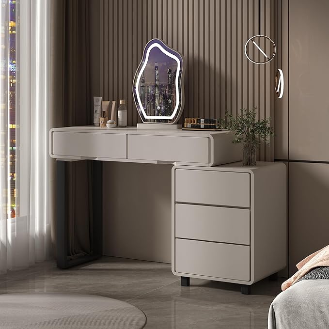 Vanity Desk with Mirror and LED Lights| Small Makeup Table with 5 Drawers and Adjustable Storage Cabinet| Modern Space-Saving Dressing Table for Bedroom(White)