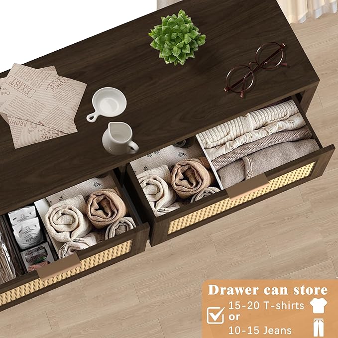 Wood 6 Dresser for Bedroom, Wide Rattan Drawer with Gold Handle for Bed Room, Hallway, Brown Oak