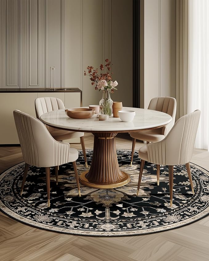 Area Rugs 8ft Washable Non-Slip, Floral Vintage Distress Print Pattern Medallion Carpet for Living Room Bedroom Dining Room, Black Brown Neutral Dark Tan