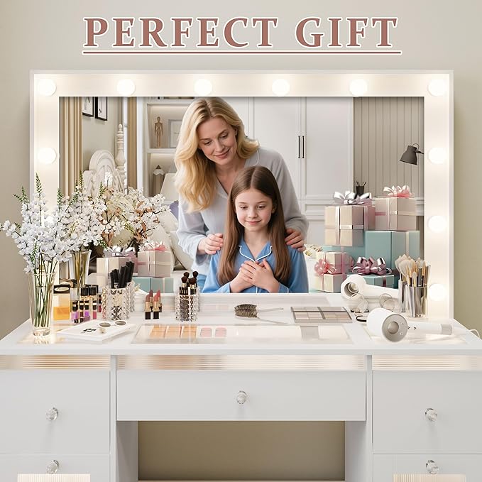 Vanity Desk with Mirror and Lights 3 Colors, Glass Top Vanity with 7 Lighted Drawers & Power Outlet, Makeup Desk with Mirror for Women & Girls, Dressing Table for Bedroom, White