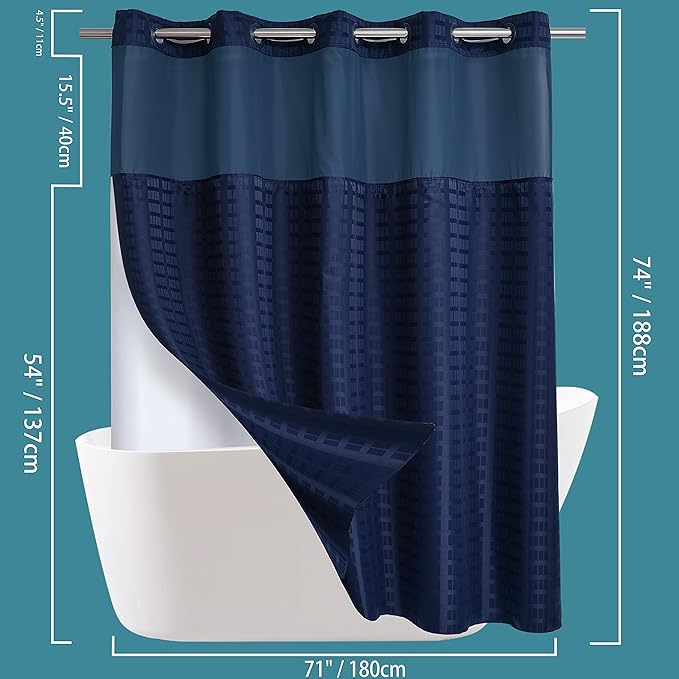 Conbo Mio No Hook Shower Curtain with Snap in Liner Set, Hotel Luxury Navy Blue Shower Curtains for Bathroom with See Through Top Window, Waterproof, Washable 71W x 74H