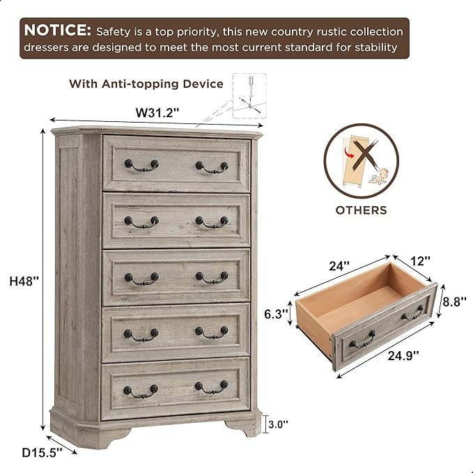 T4TREAM Farmhouse 5 Drawers Dresser for Bedroom, 48" Tall Wood Rustic Chest of Drawers with Natural Texture, Vintage Design, Storage Dressers Organizer for Bedroom, Living Room Light Rustic Oak