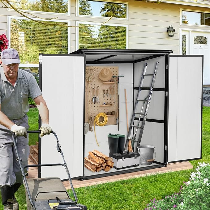 5x3 FT Resin Outdoor Storage Shed with Floor, Resin Cabinet with Lockable Doors, Waterproof Plastic Bike Tool Shed Easy to Install for Patio Furniture, Bikes, White