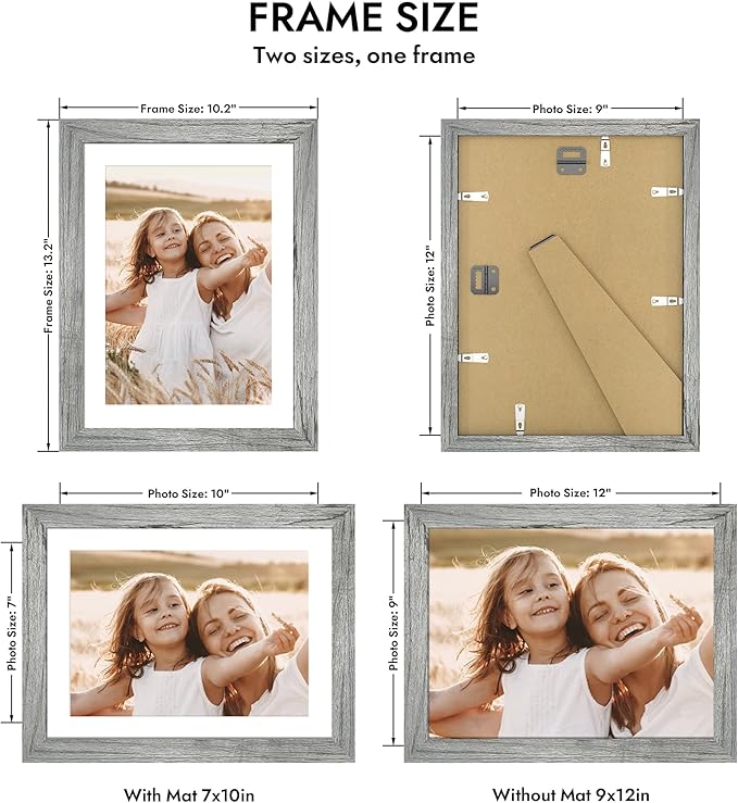 9x12 Picture Frame with Glass, Display Pictures 7x10 with Mat or 9 x 12 without Mat - Wall and Tabletop, 9 by 12 Photo Wooden Frames (Grey, 1 Pack)