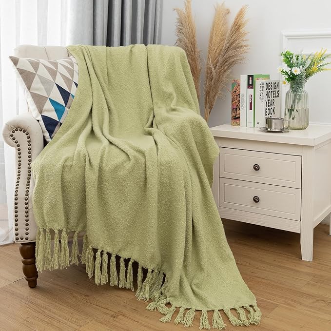 Gealaek Sage Green Throw Blanket Lightweight Fuzzy Soft Cozy Decorative Blankets for Sofa Bed Farmhouse Throw Blanket Green with Fringe 50" x 60"