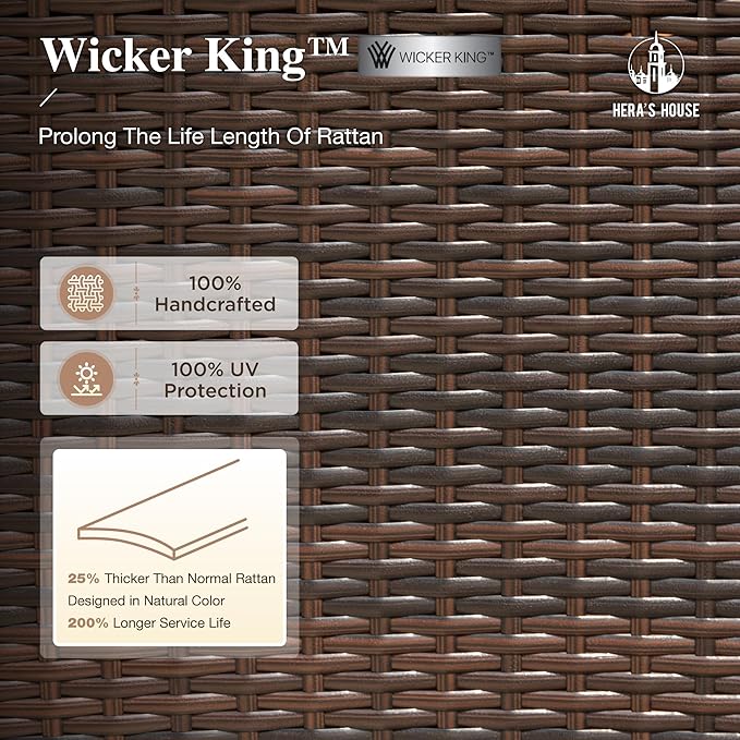 HERA'S HOUSE Patio Table and Chairs Set 7-Piece, Outdoor Dining Furniture Set with Cushions, All-Weather Wood Grain Table with 1.6"-2" Umbrella Hole & Wicker Chairs for Backyard, Garden, Deck