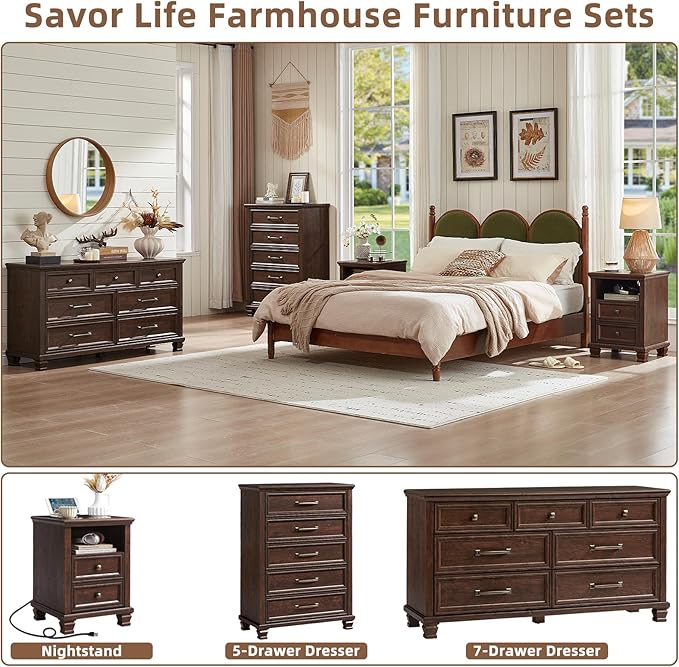 Farmhouse 5 Drawer Dresser for Bedroom, 45” Tall Dresser for Closet, Rustic Wooden Chests of Drawer for Bedroom, Hallway, Entryway, Walnut