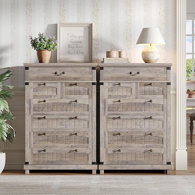 Maupvit Farmhouse 7 Drawer Dresser for Bedroom, 47" Tall Dresser Wood Chest of Drawers, Organizer Drawers for Bedroom, Living Room, Storage Room, Rustic Grey
