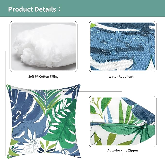 Outdoor Pillows for Patio Furniture 18x18 inch, Square Outdoor Throw Pillows with Inserts, Decorative Toss Pillows for Garden Couch Home Sofa Office Chair, Pack of 2, Islamorada Blue Green