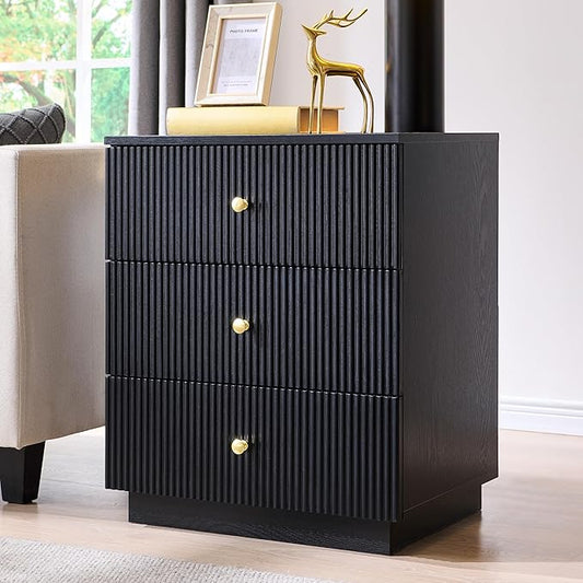 Fluted Night Stand with Charging Station, 21.65" Black Nightstand with 3 Drawer, 3 Drawer Dresser for Bedroom, Morden End Table Chests of Drawers Bedside Table for Bedroom, Living Room,Black