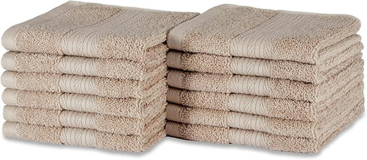 Amazon Basics Fade-Resistant 100% Cotton Washcloth, 12 Pack, 12"x12", Taupe