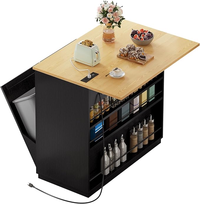 DWVO Kitchen Island with Drop Leaf, 40 Inch Double Tilt Out Trash Can Storage Cabinet with Power Outlet, Mobile Storage Islands on Wheels, Fit Two 10-Gal Garbage Bin, for Kitchen Dining Room, Black