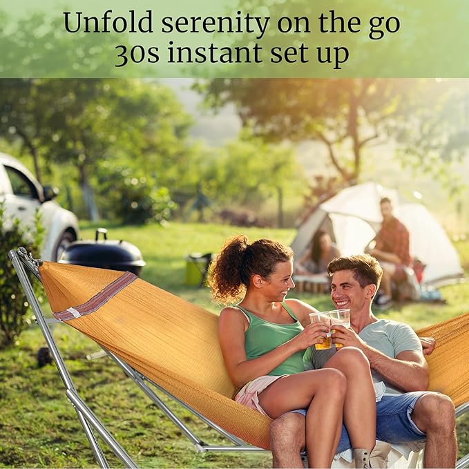 Tranquillo Double Hammock with Stand 650lb Capacity Double Hammock with Spreader Bar, Solid Grade 201 Stainless Steel 30s Set Up, Sturdy Flexible Hammock Stand Portable, Outdoor Indoor, Yellow