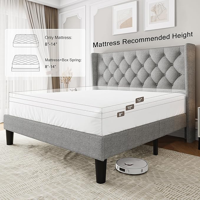 Full Size Upholstered Bed Frame with Wingback Headboard, Fabric Linen Platform Bed, 8" Under Bed Storage, Wooden and Metal Slats Support, No Box Spring Needed, Light Grey