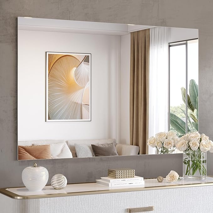 Brightify Frameless Mirror, 55x36 Inch Bathroom Mirrors for Over Sink, Large Tempered Glass Square Wall Mirror, Frameless Vanity Mirror for Gym, Yoga, Living Room, Bedroom, Entryway