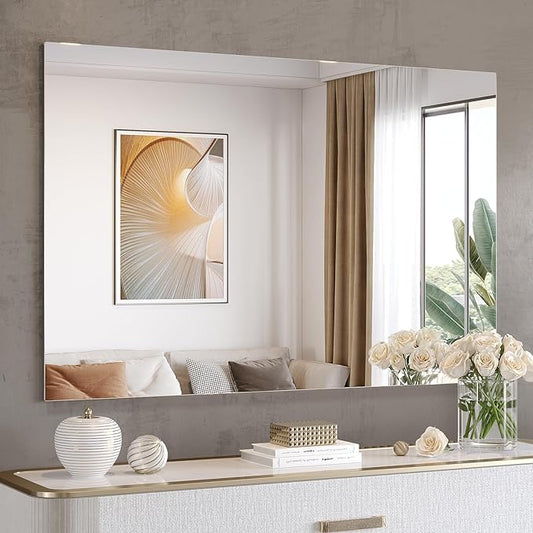 Brightify Frameless Mirror, 55x36 Inch Bathroom Mirrors for Over Sink, Large Tempered Glass Square Wall Mirror, Frameless Vanity Mirror for Gym, Yoga, Living Room, Bedroom, Entryway