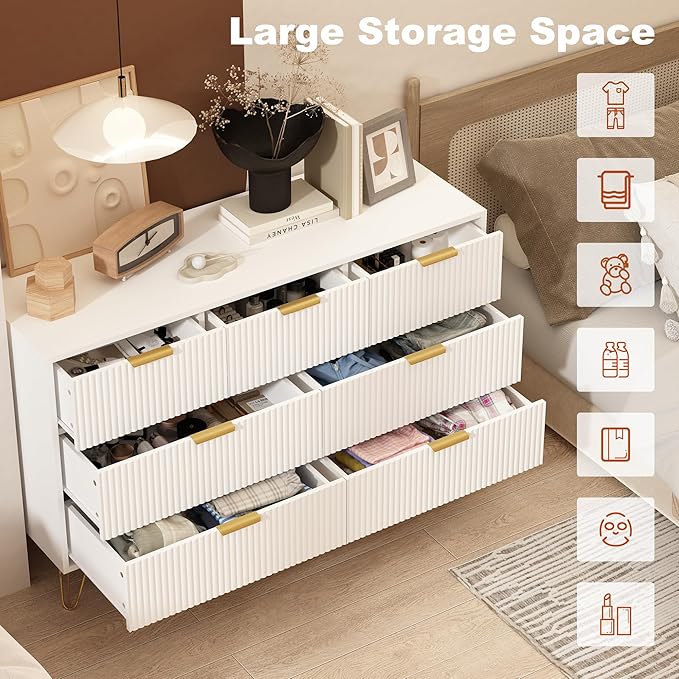 White Dresser for Bedroom, 7 Drawers Dresser with Golden Handles, Modern Wood Chest for Living Room, Hallway, Entryway