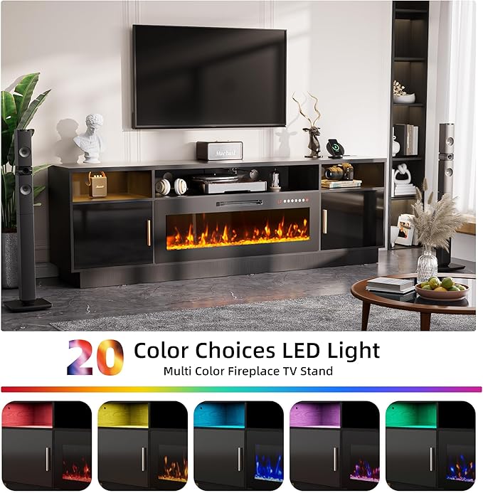 Ludatido 80 Inch Premium TV Stand with 36 inch Electric Fireplace 27 Inch high LED Light Entertainment Center Easy to Assemble for TVs Up to 90'' with USB&AC Power Interface White